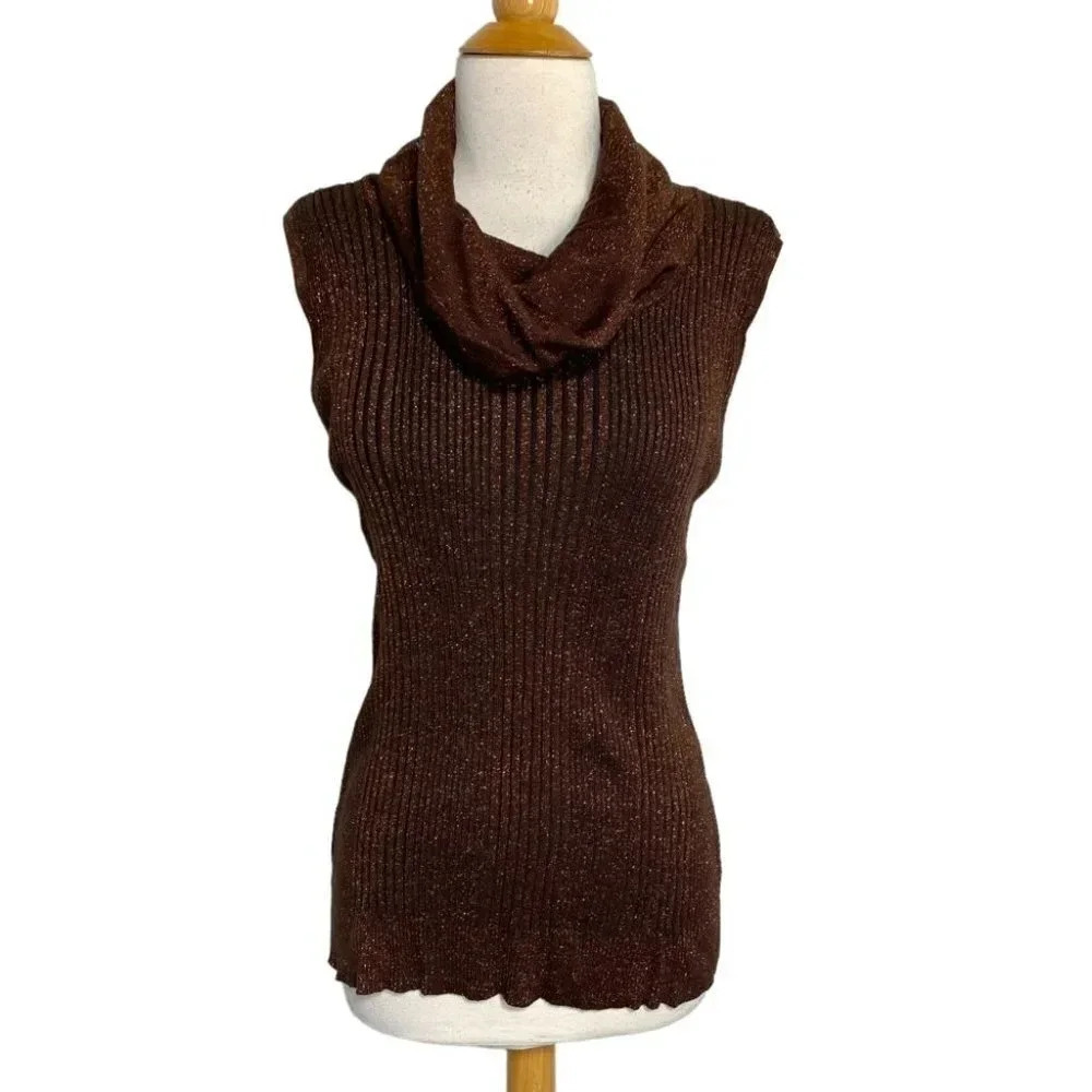 Joseph A. XL brown with metallic copper sleeveless cowl ribbed‎ top
